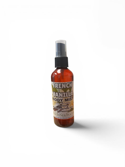 Bottle of French Vanilla body mist on a white background