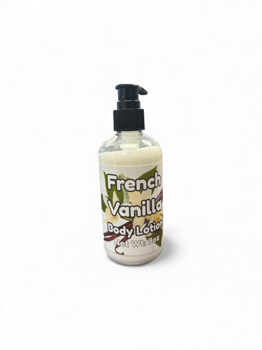 Bottle of French Vanilla body lotion on a white background