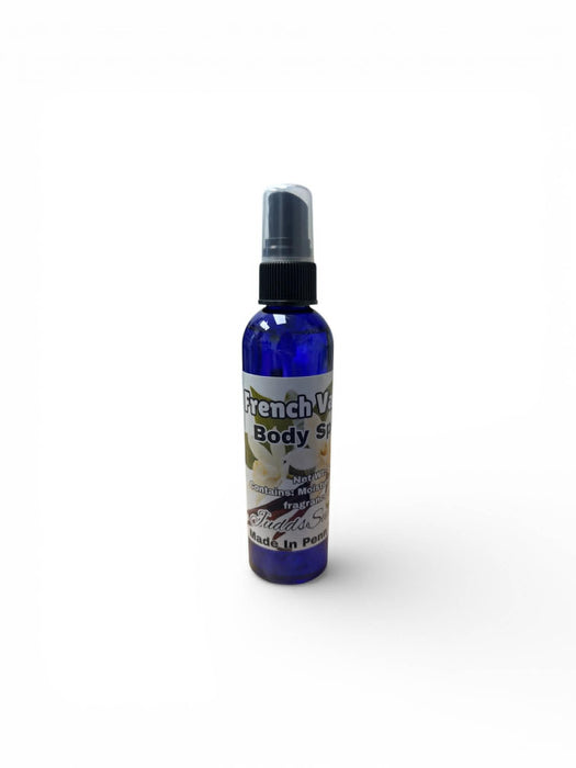 Blue spray bottle labeled 'French Vanilla' on a white background