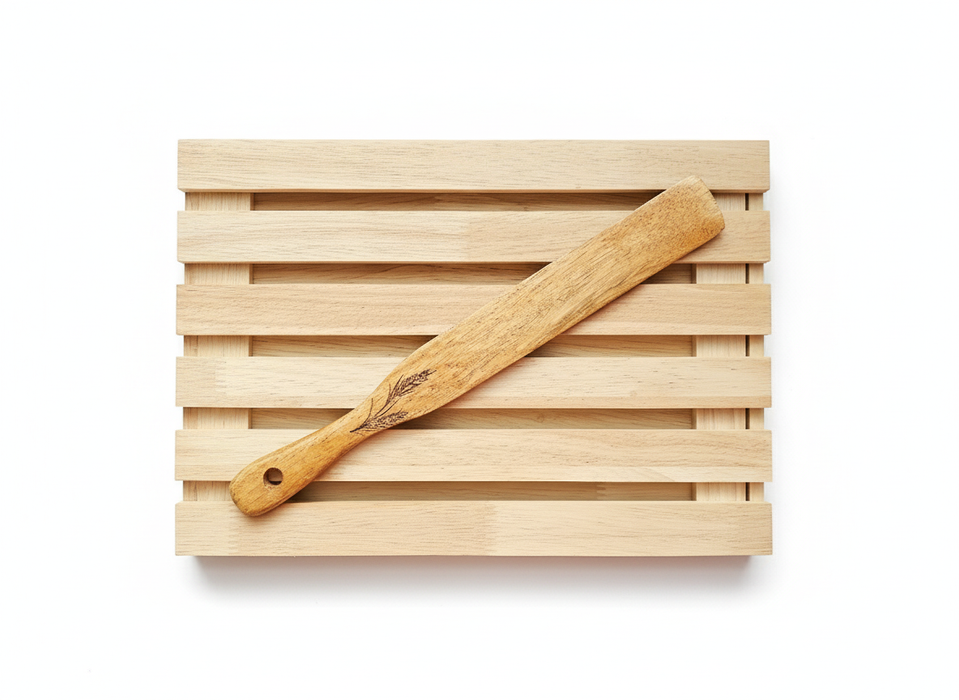 Handcrafted Bamboo Sourdough Breadboard with Crumb Catcher & Spurtle