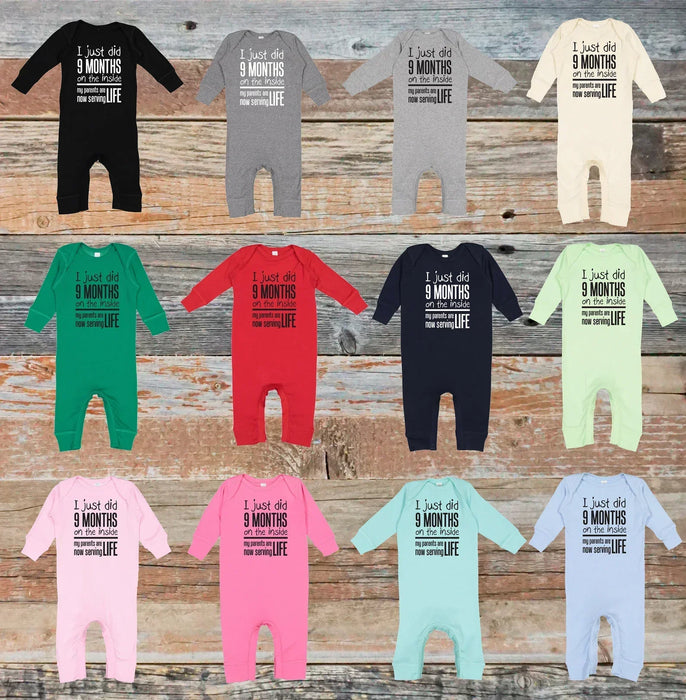 Funny Take Home Outfit Romper: 9 Months Inside, Parents Serving Life, Baby Shower Gift