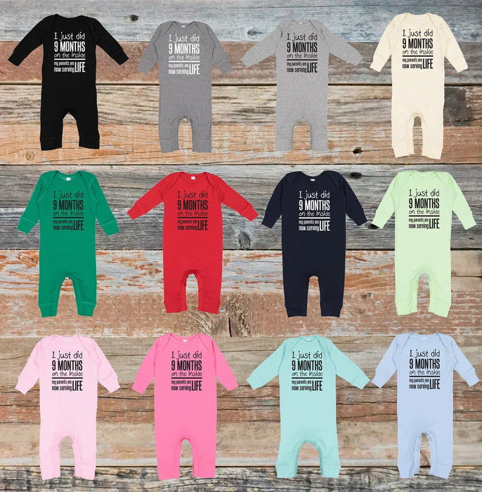 Funny Take Home Outfit Romper: 9 Months Inside, Parents Serving Life, Baby Shower Gift