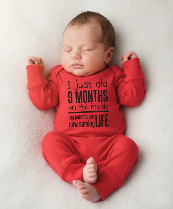 Funny Take Home Outfit Romper: 9 Months Inside, Parents Serving Life, Baby Shower Gift