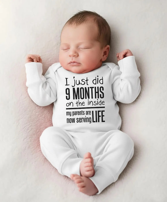 Funny Take Home Outfit Romper: 9 Months Inside, Parents Serving Life, Baby Shower Gift