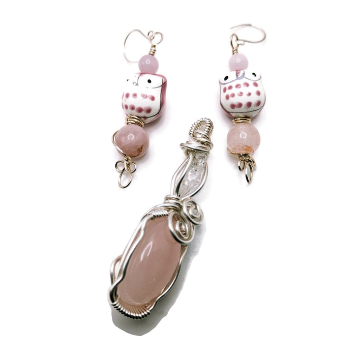 Rose Quartz Matching Pendant and Earrings, Pink Owl Earrings Gift, for Wife, Barbiecore Jewelry Set Gift, for Daughter, Owl Lover Jewelry