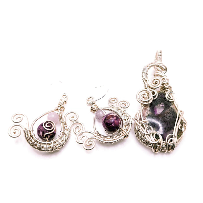 Purple Crystal Pendant and Earring Set, Crown Chakra Matching Jewelry, Royal Jasper Earrings, Tripiche Amethyst Pendant in Silver