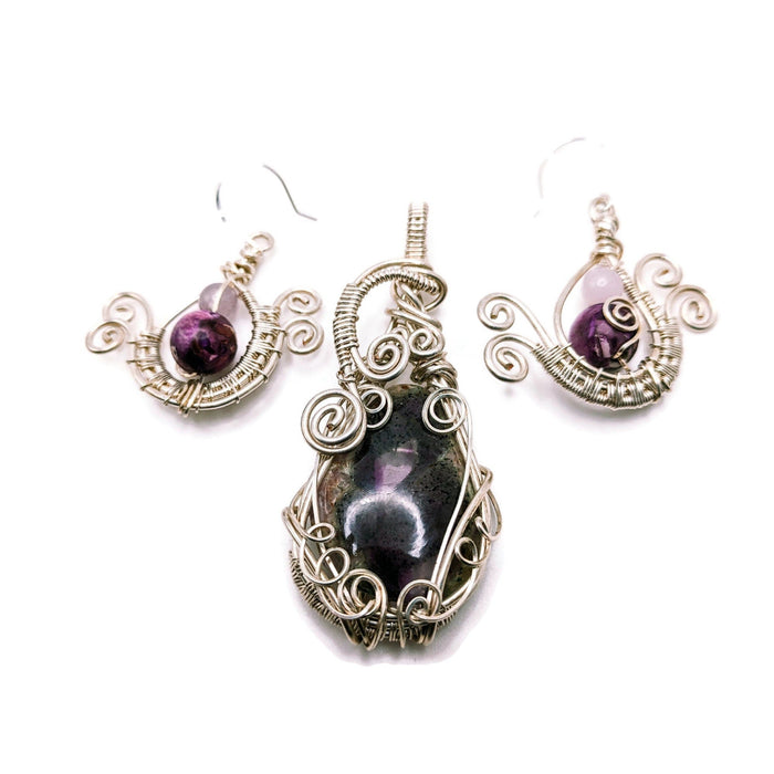 Purple Crystal Pendant and Earring Set, Crown Chakra Matching Jewelry, Royal Jasper Earrings, Tripiche Amethyst Pendant in Silver