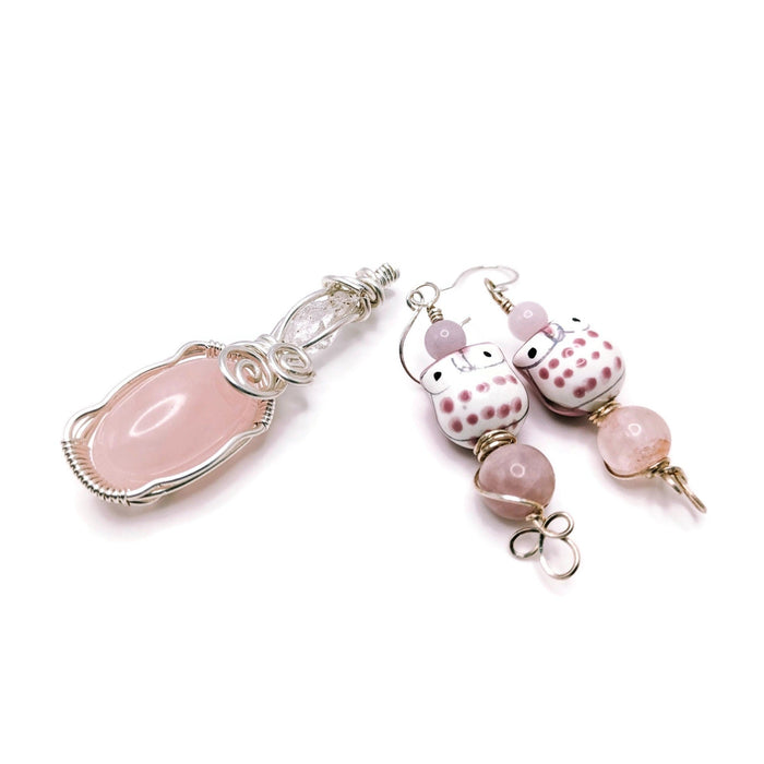 Rose Quartz Matching Pendant and Earrings, Pink Owl Earrings Gift, for Wife, Barbiecore Jewelry Set Gift, for Daughter, Owl Lover Jewelry