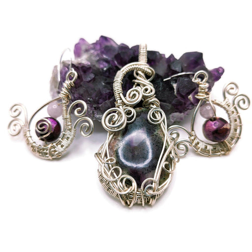 Purple Crystal Pendant and Earring Set, Crown Chakra Matching Jewelry, Royal Jasper Earrings, Tripiche Amethyst Pendant in Silver