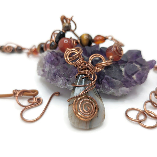 Red Chunky Spiral Necklace with Saddle Leather, Natural gemstone handmade necklace, Root Chakra gift, for daughter, fall themed boho pendant