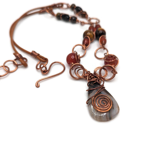 Red Chunky Spiral Necklace with Saddle Leather, Natural gemstone handmade necklace, Root Chakra gift, for daughter, fall themed boho pendant