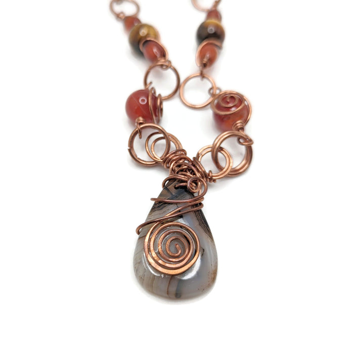 Red Chunky Spiral Necklace with Saddle Leather, Natural gemstone handmade necklace, Root Chakra gift, for daughter, fall themed boho pendant