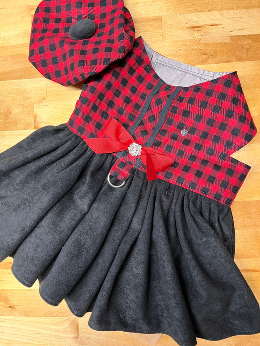 Dog Dress Buffalo Plaid Christmas Pet Dress with Tam Hat