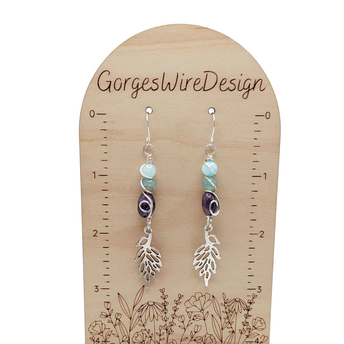Silver Dangling Leaf Earrings, Amethyst Winter Earrings, Winter Themed Jewelry, Top Jewelry Gift for Earring Lovers, Nature Inspired Jewelry