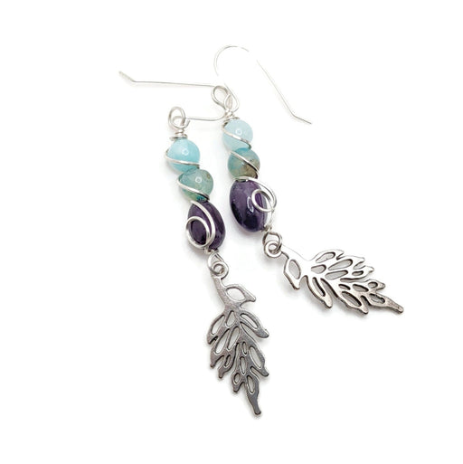 Silver Dangling Leaf Earrings, Amethyst Winter Earrings, Winter Themed Jewelry, Top Jewelry Gift for Earring Lovers, Nature Inspired Jewelry