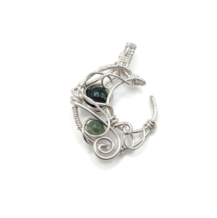 Simple silver moon with green agate and quartzite beads.