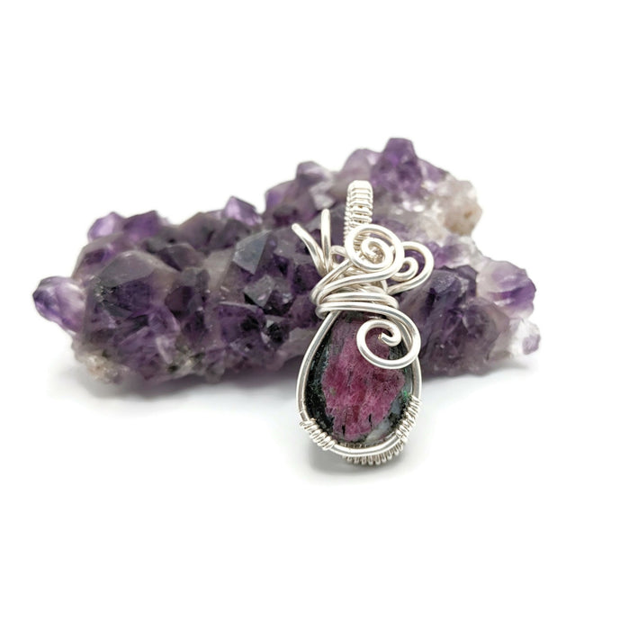 Pink Ruby in Zoisite Pendant, Silver Wrapped Pink Pendant, Heart Chakra Pendant, Metaphysical Pendant, Ruby in Zoisite jewelry gift, for mom
