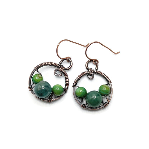 Brown copper dangle drop earrings with green dyed shell beads dark green quartzite beads.