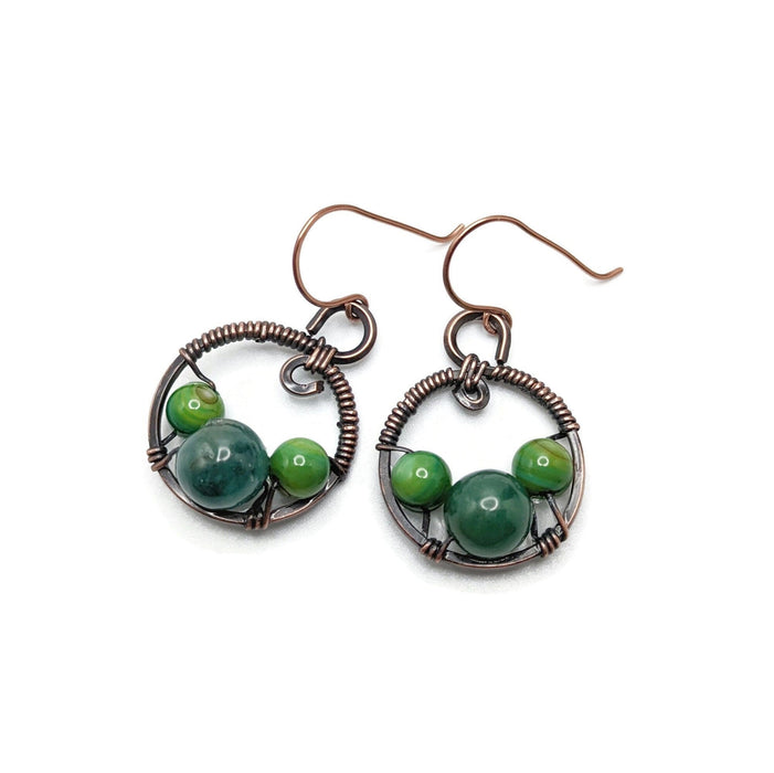 Brown copper dangle drop earrings with green dyed shell beads dark green quartzite beads.