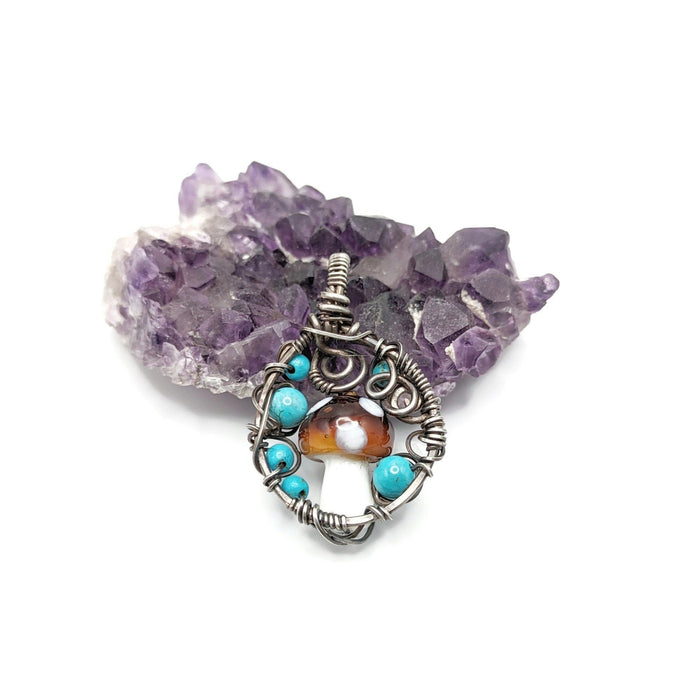 Mushroom pendant in gunmetal oxidized silver, with blue bead accents