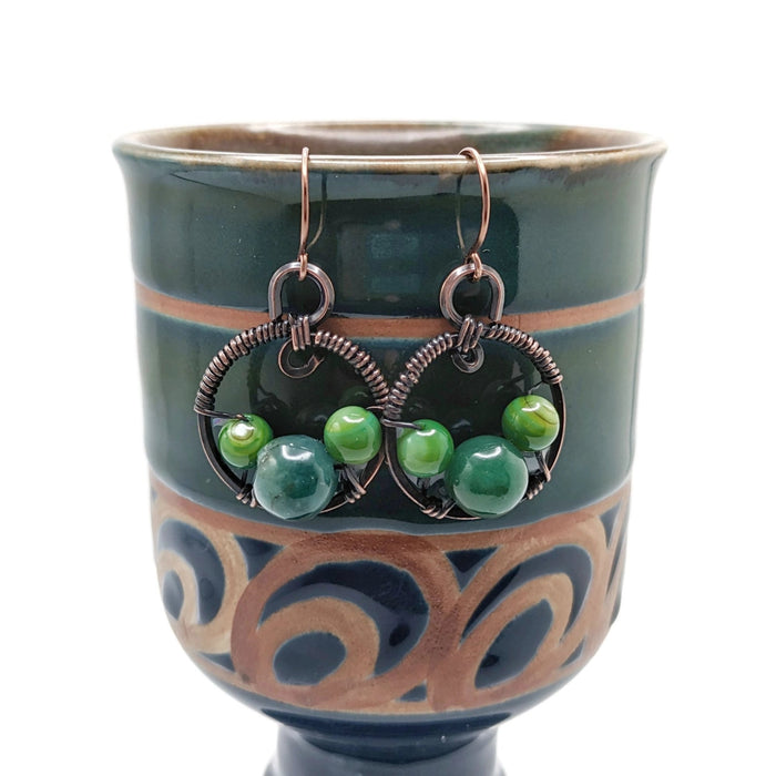 Brown and Green Dangle and Drop Earrings, Dark Copper Abstract Circle Earrings, Earthy Jewelry, Cottagecore Earring Gift, Idea for sister