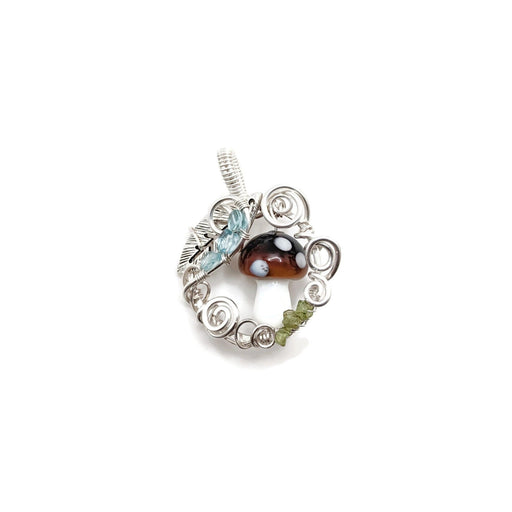 Silver mushroom pendant with leaf accent and apatite and peridot beads.