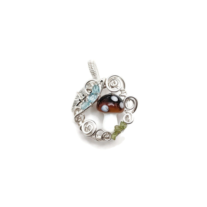 Silver mushroom pendant with leaf accent and apatite and peridot beads.
