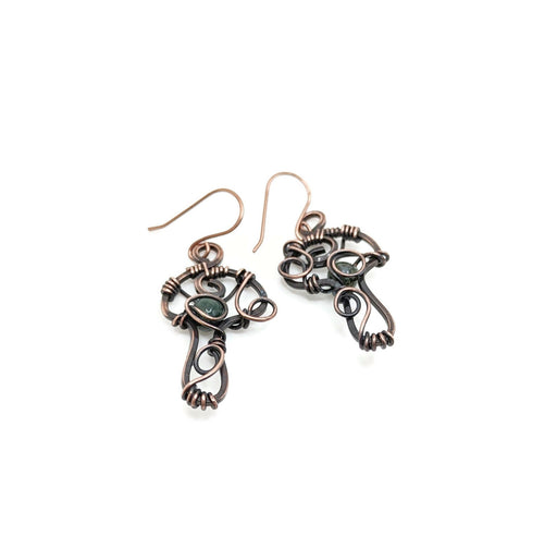 Wire dangle and drop mushroom earrings with small green bead in the design.