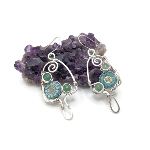 Silver Morel Mushroom Earrings with Blue Wildflowers, Blue Flower Dangle Earrings, Spring Themed Jewelry Gift Idea, for Mom, For Daughter