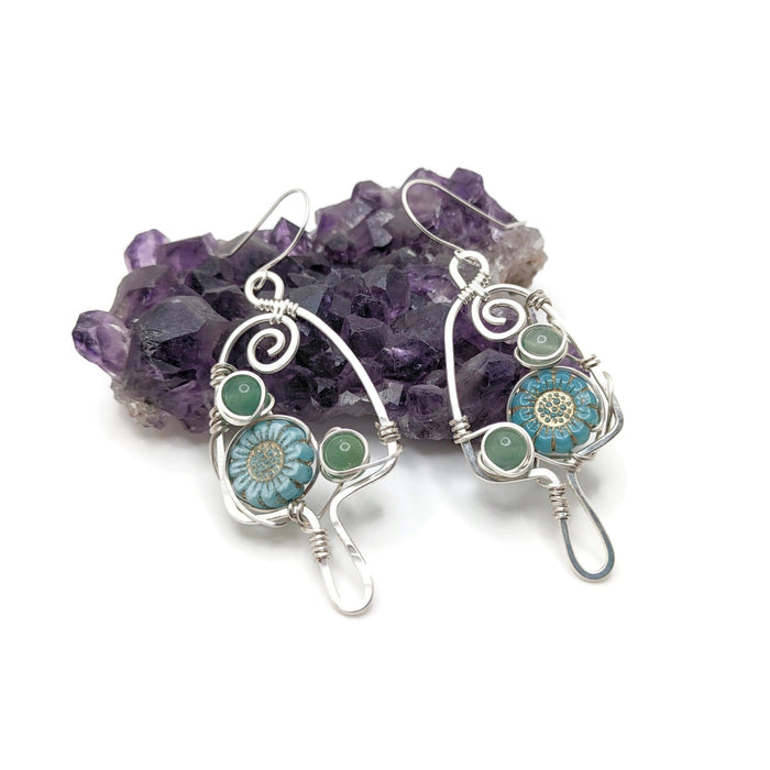 Silver Morel Mushroom Earrings with Blue Wildflowers, Blue Flower Dangle Earrings, Spring Themed Jewelry Gift Idea, for Mom, For Daughter
