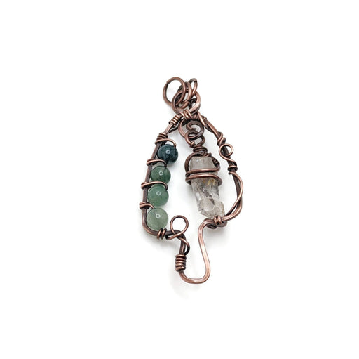 Wire Morel mushroom in darkened copper and green beads with a dangling crystal in the middle.