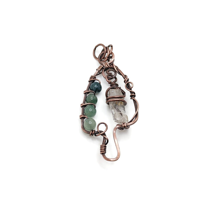 Wire Morel mushroom in darkened copper and green beads with a dangling crystal in the middle.