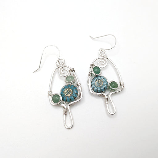 Silver Morel Mushroom with blue wildflowers accented with green aventurine beads.