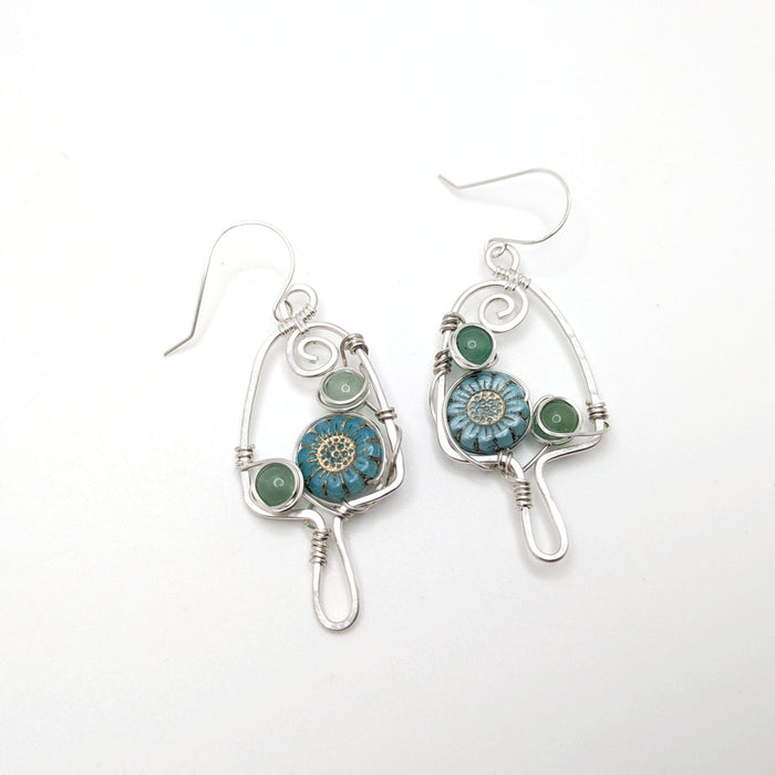Silver Morel Mushroom with blue wildflowers accented with green aventurine beads.