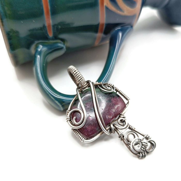 Ruby in Zoisite Mushroom Pendant, Pink and Silver Wire Mushroom Jewelry, Mushroom Gift Idea for Nature Lover, for Daughter