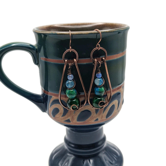 Green and Blue Dangle Drop Teardrop Earrings, Winter Themed Earrings, Blue Boho Dangle Earrings, Blue Tone Jewelry Gift, for Sister, for mom
