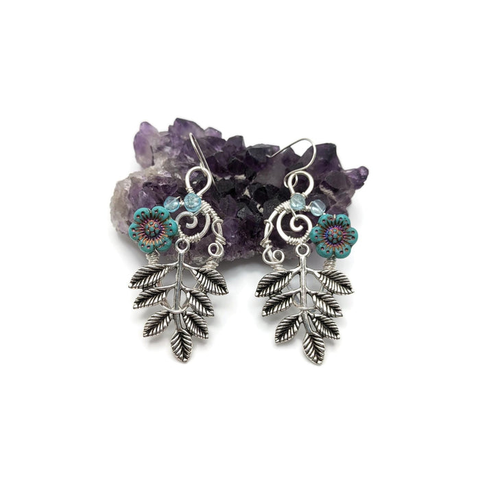 Silver Leaf Earrings with Dainty Blue Flowers, Winter Themed Earrings, Winter Jewelry, Earrings for Winter Gift Idea, for mom, for daughter