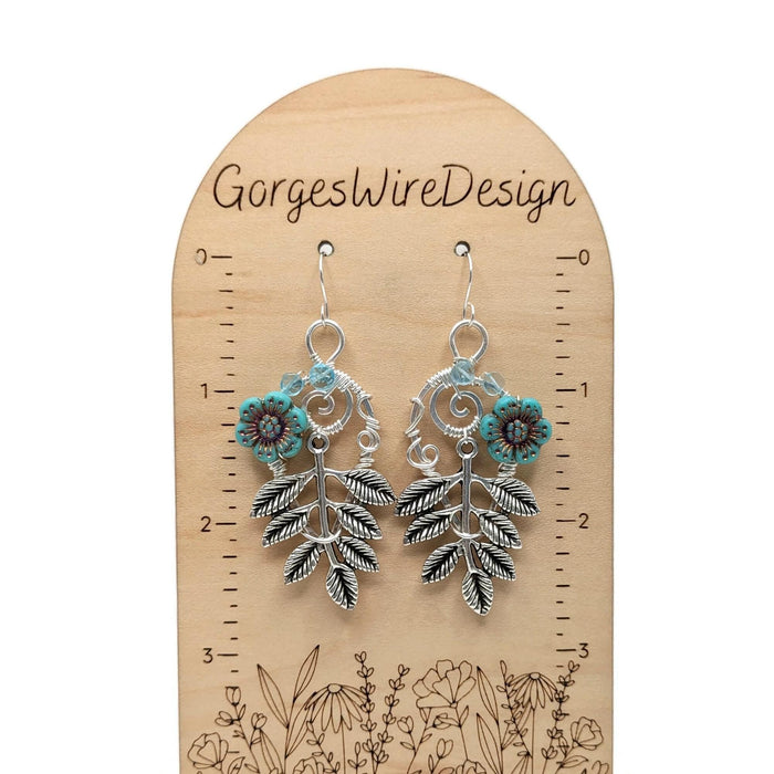 Silver Leaf Earrings with Dainty Blue Flowers, Winter Themed Earrings, Winter Jewelry, Earrings for Winter Gift Idea, for mom, for daughter