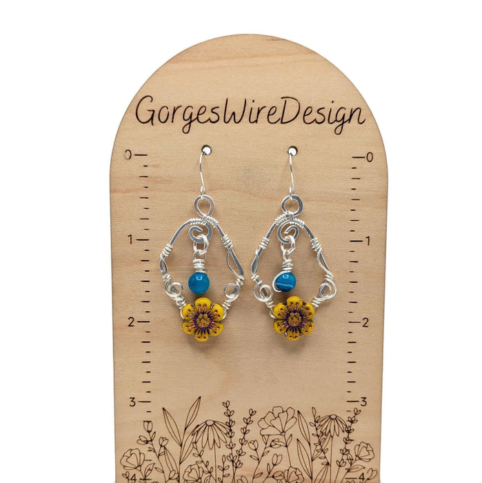 Blue and Yellow Sunflower Dangle Earrings, Silver Sunflower Dangle Drop Earrings, Statement Earrings, Summer Earrings, Summer Themed