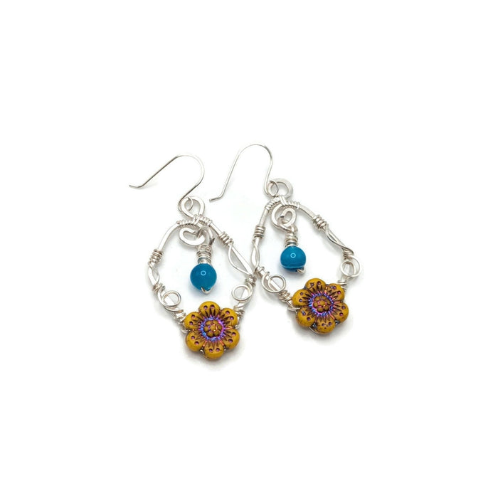 Blue and Yellow Sunflower Dangle Earrings, Silver Sunflower Dangle Drop Earrings, Statement Earrings, Summer Earrings, Summer Themed