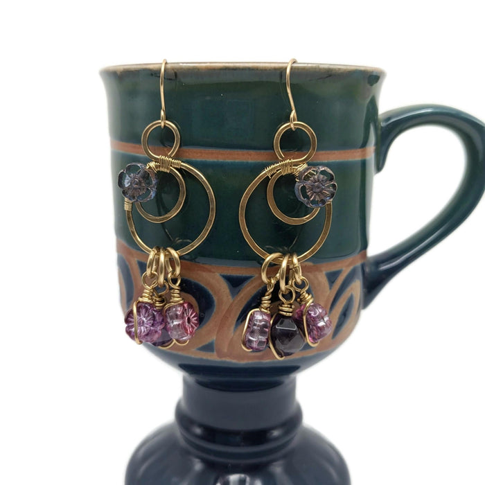 Gold Colored Crescent Moon Earrings, Brass Dangle Drop earrings, Purple Flower Jewelry, Floral jewelry, Handmade Jewelry Gift Idea, for Mom