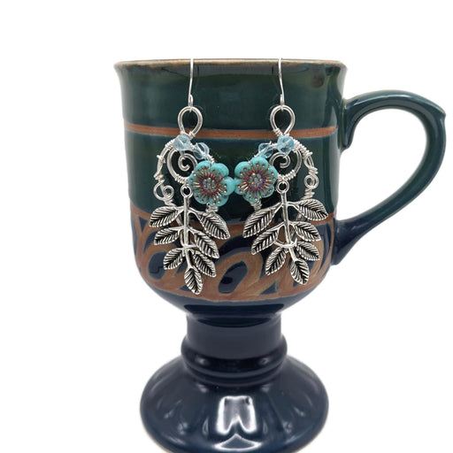 Silver Leaf Earrings with Dainty Blue Flowers, Winter Themed Earrings, Winter Jewelry, Earrings for Winter Gift Idea, for mom, for daughter