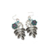 Silver earrings with leaves, blue flowers, and small blue apatite beads.