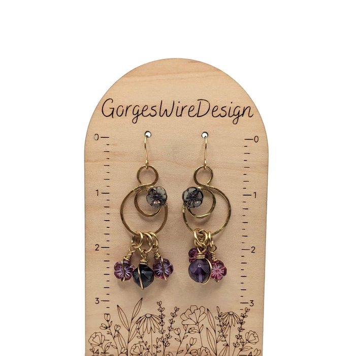 Gold Colored Crescent Moon Earrings, Brass Dangle Drop earrings, Purple Flower Jewelry, Floral jewelry, Handmade Jewelry Gift Idea, for Mom