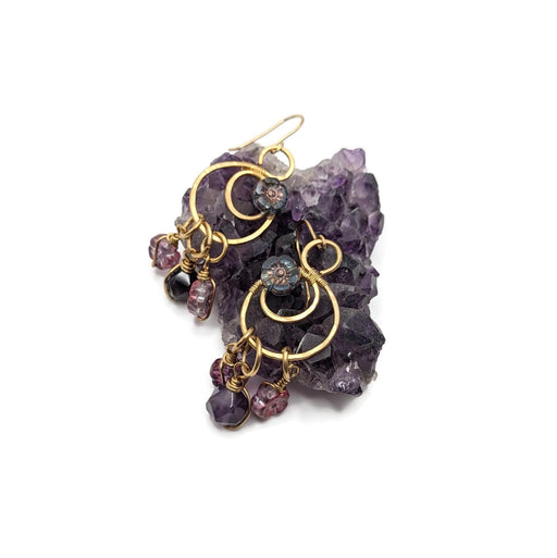 Gold Colored Crescent Moon Earrings, Brass Dangle Drop earrings, Purple Flower Jewelry, Floral jewelry, Handmade Jewelry Gift Idea, for Mom