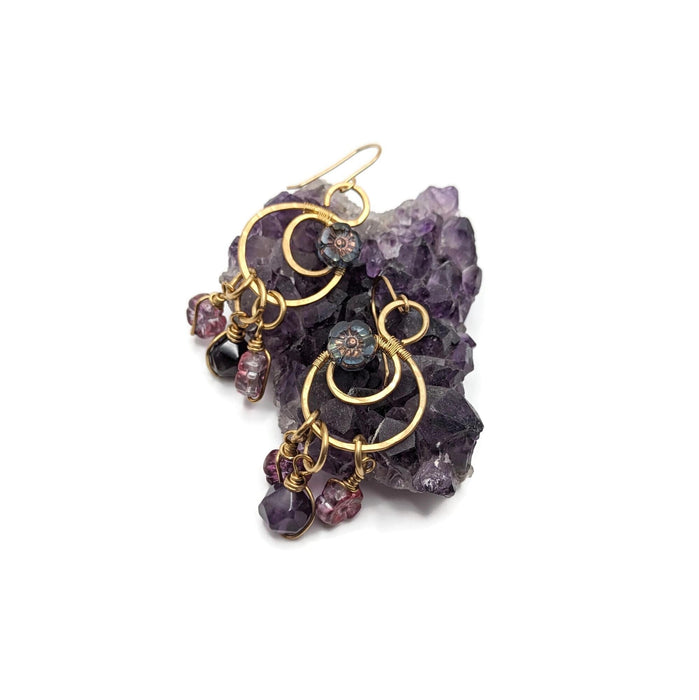 Gold Colored Crescent Moon Earrings, Brass Dangle Drop earrings, Purple Flower Jewelry, Floral jewelry, Handmade Jewelry Gift Idea, for Mom