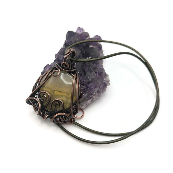 Green Agate Pendant Necklace, Leather cord necklace with Handmade Pendant, Cottagecore Necklace, Green Leather Jewelry Necklace