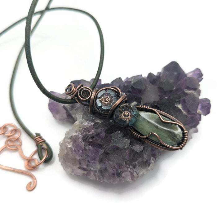 Green Petrified Wood Necklace, Minimalist Pendant with Petrified Bog Wood, Genuine Larsonite Pendant, Larsonite Jewelry Gift Idea
