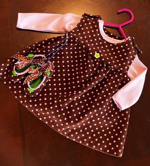 Pink polka dots on brown with lime green buttons-snaps at shoulders-matching shoes and onesie
