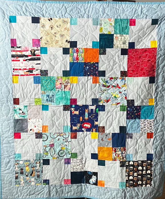 Baby Quilt Blue with cats and dogs - handmade receiving blankets by All Things Heirloom | Shop Finger Lakes NY